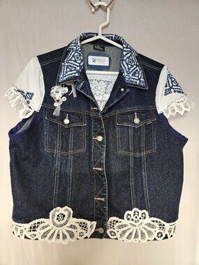 Upcycled Denim Jean Jacket Vest Original Design Pearls & Lace Handmade Large